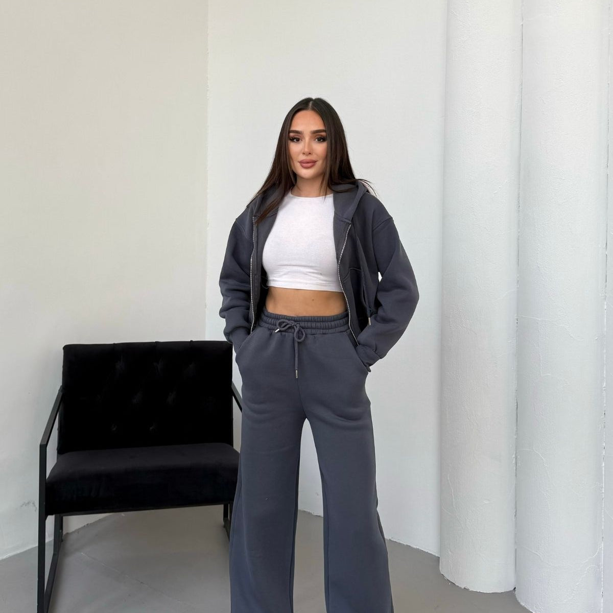 Kadın Çift Fermuar Detaylı Kapüşonlu Kışlık Şardonlu Oversize Eşofman Takımı