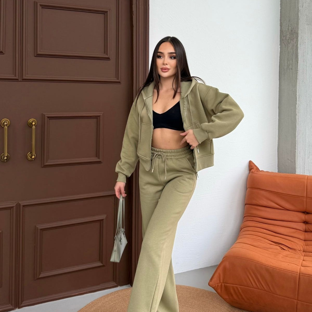 Kadın Çift Fermuar Detaylı Kapüşonlu Kışlık Şardonlu Oversize Eşofman Takımı