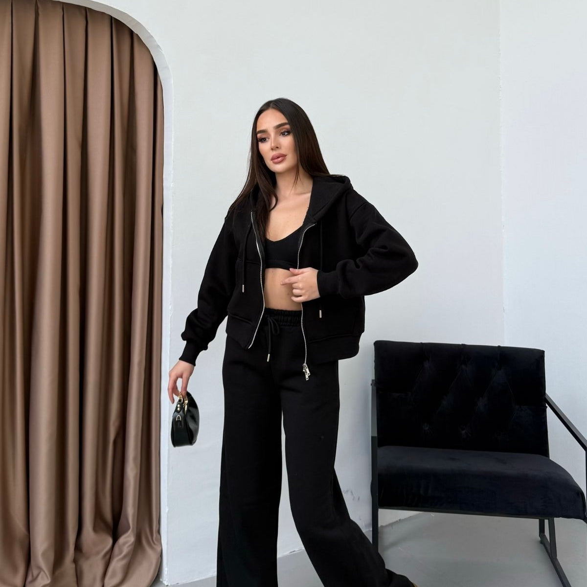 Kadın Çift Fermuar Detaylı Kapüşonlu Kışlık Şardonlu Oversize Eşofman Takımı