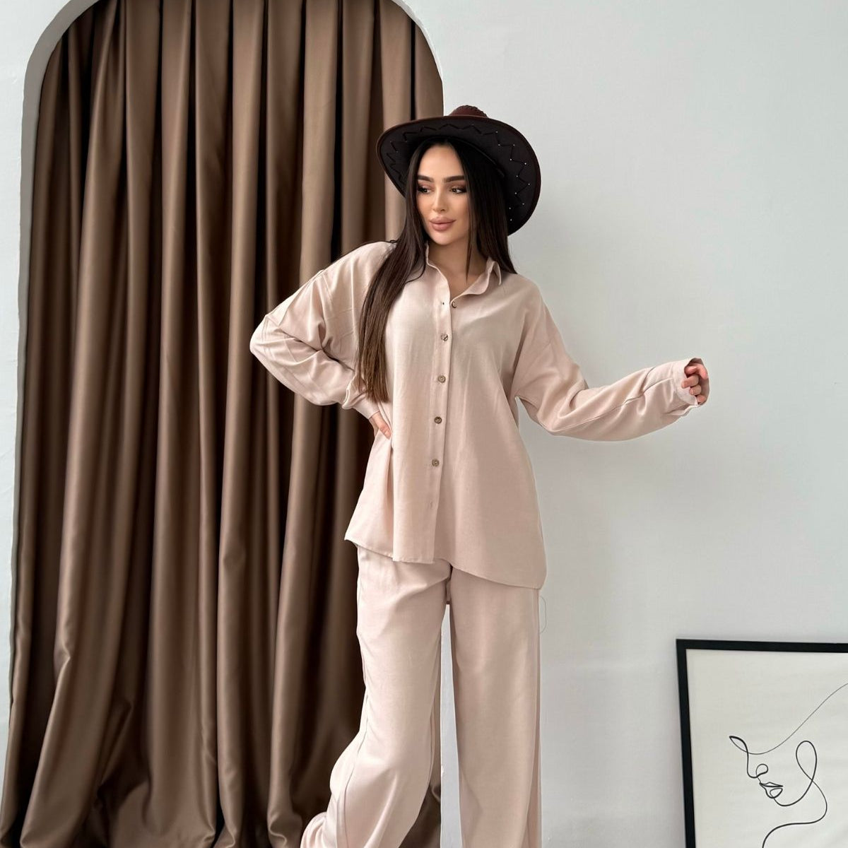 Kadın İkili Rahat Kesim Keten Gömlek Pantolon Alt Üst Takım