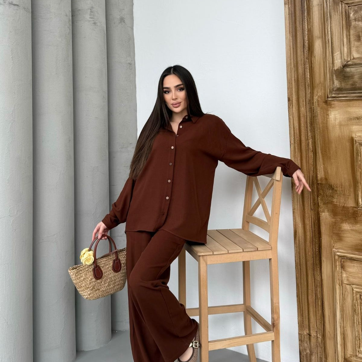 Kadın İkili Rahat Kesim Keten Gömlek Pantolon Alt Üst Takım