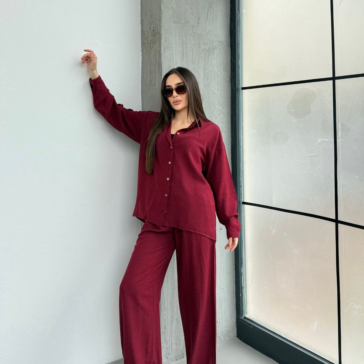 Kadın İkili Rahat Kesim Keten Gömlek Pantolon Alt Üst Takım