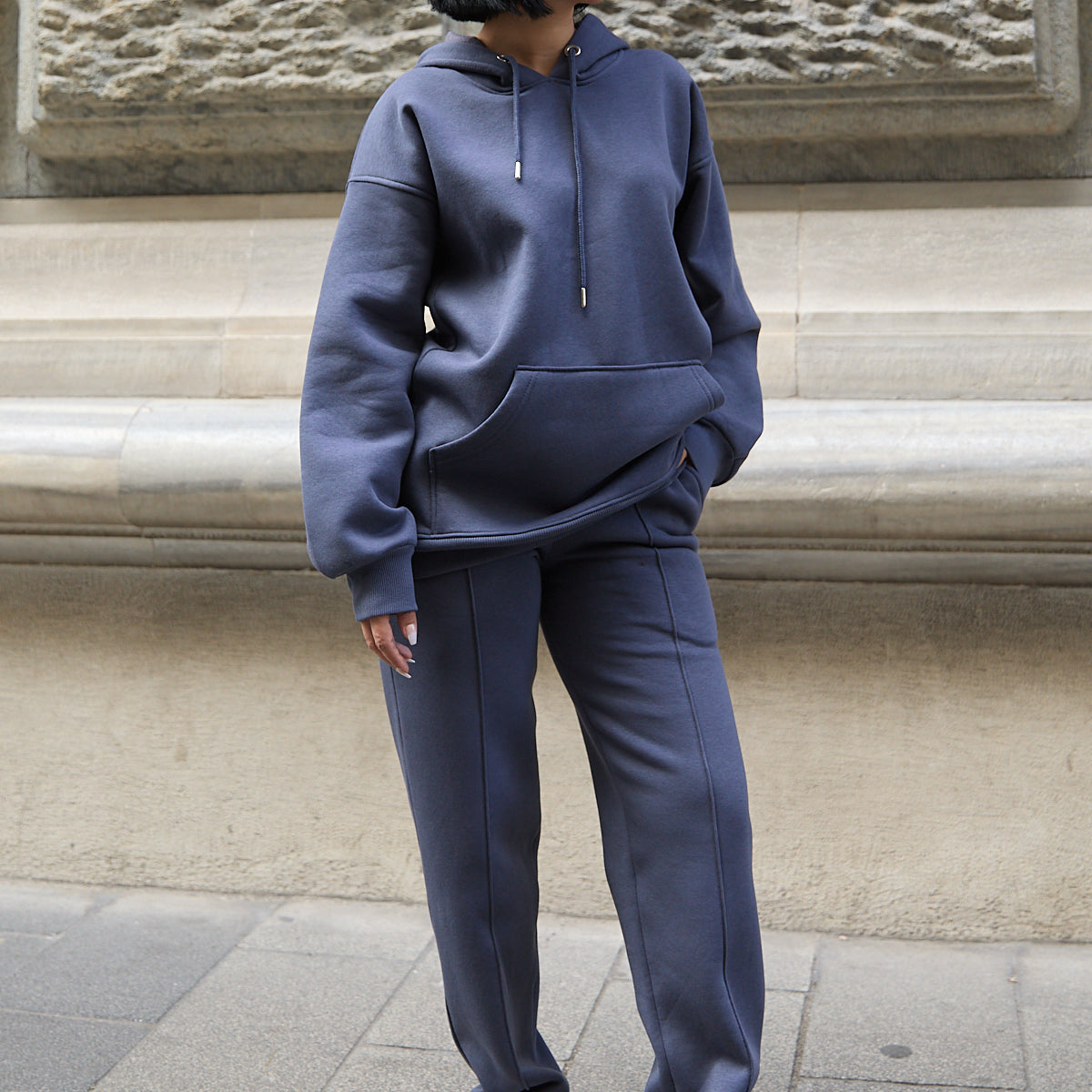 Kadın Oversize Kapüşonlu Lacivert Eşofman Takımı Kışlık Içi Pamuklu