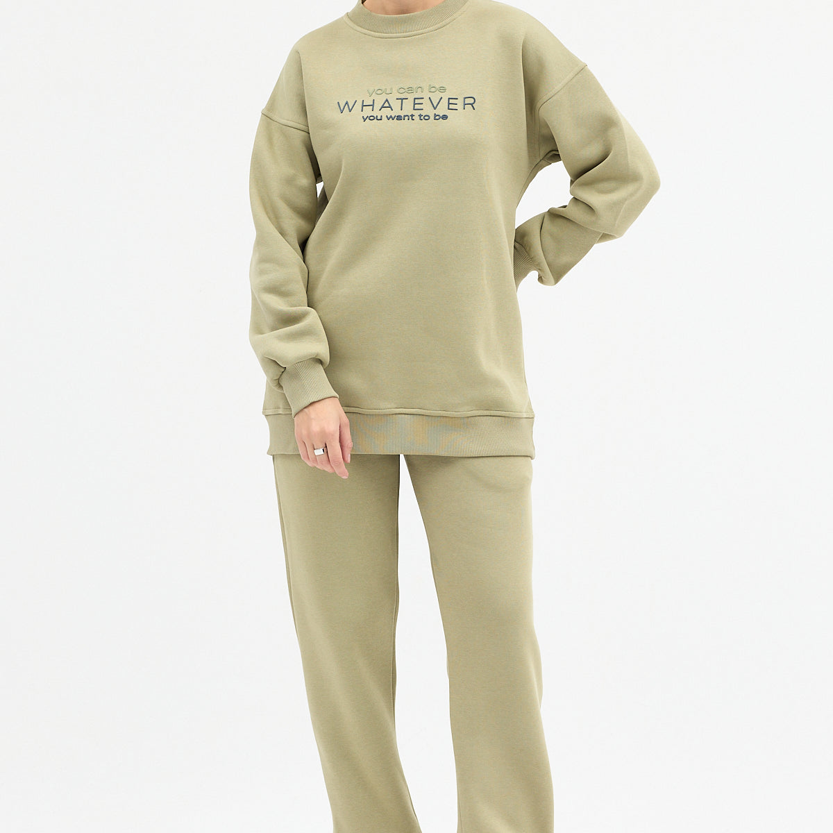 Kadın Whatever Baskılı Bisiklet Yaka Paçası Lastikli Oversize Eşofman Takımı