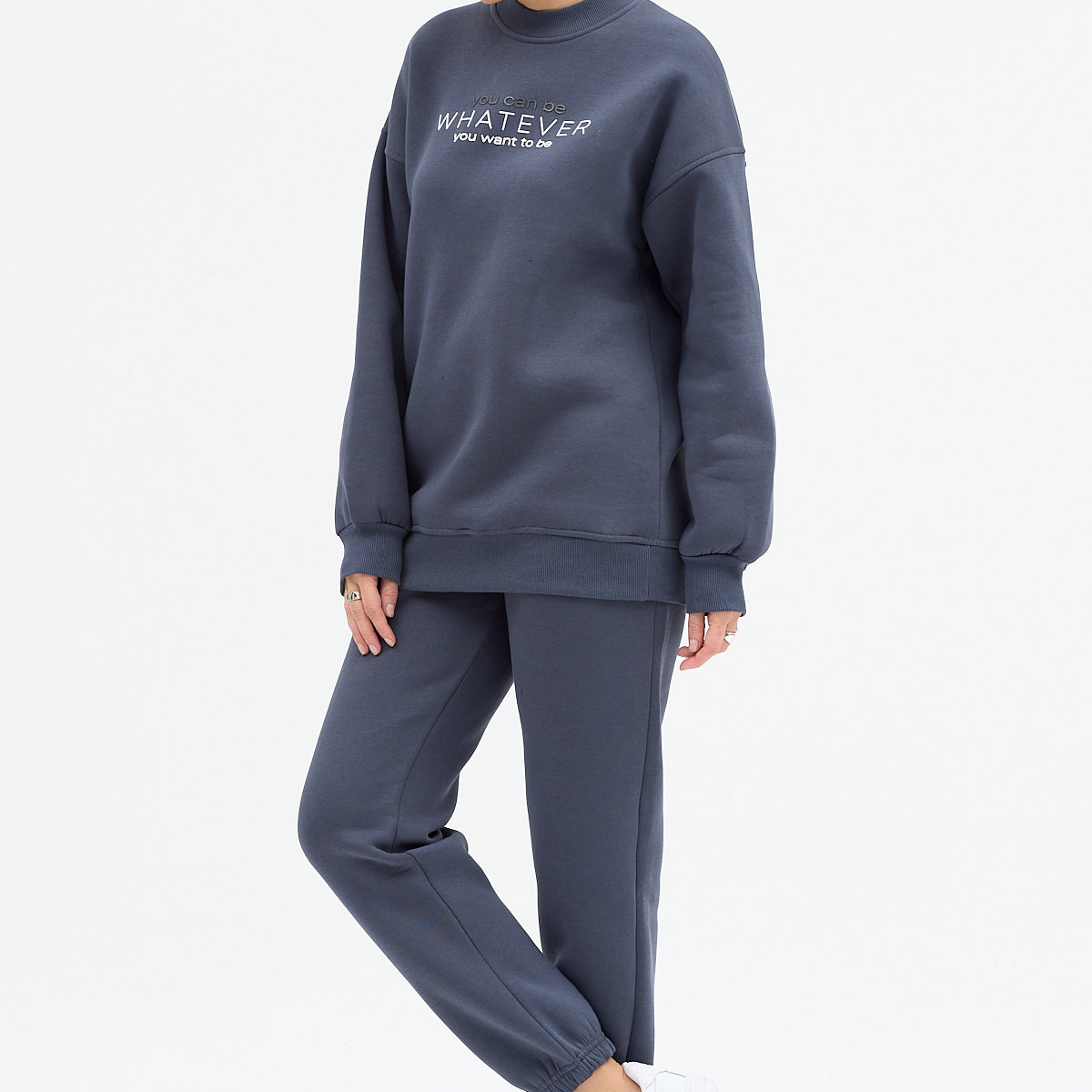 Kadın Whatever Baskılı Bisiklet Yaka Paçası Lastikli Oversize Eşofman Takımı