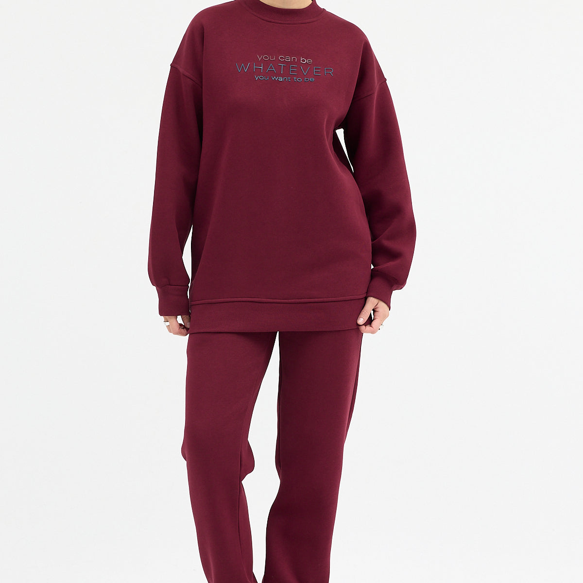 Kadın Whatever Baskılı Bisiklet Yaka Paçası Lastikli Oversize Eşofman Takımı