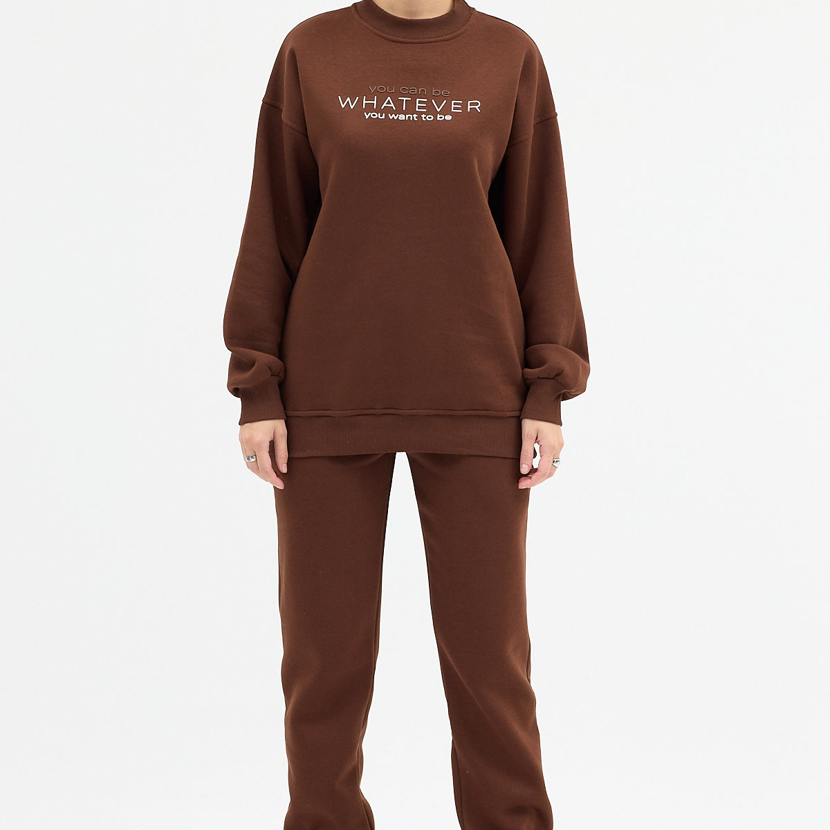 Kadın Whatever Baskılı Bisiklet Yaka Paçası Lastikli Oversize Eşofman Takımı