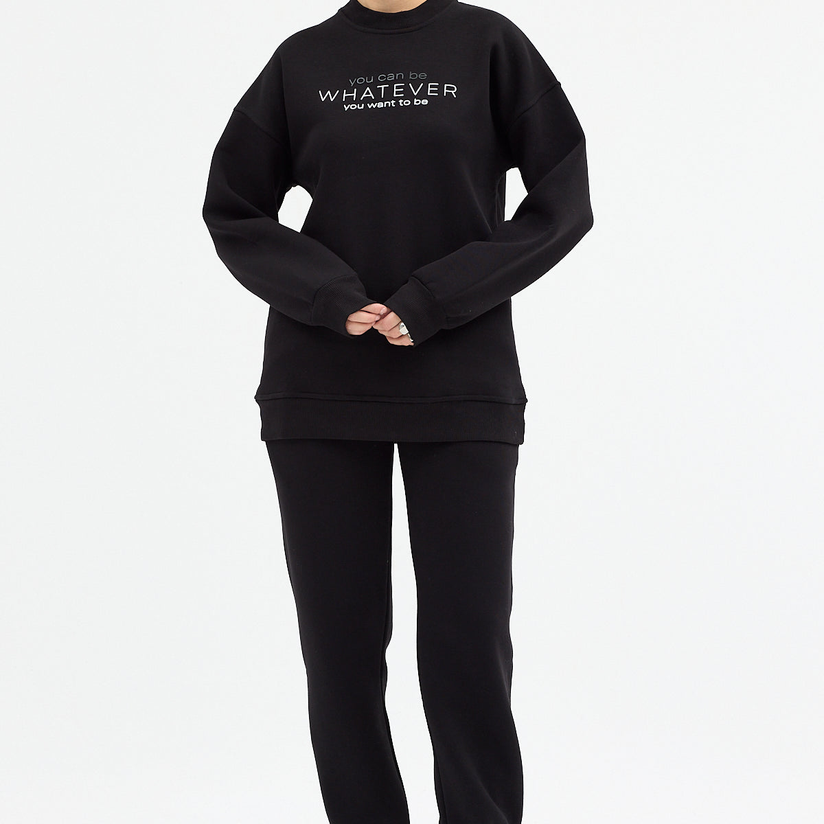 Kadın Whatever Baskılı Bisiklet Yaka Paçası Lastikli Oversize Eşofman Takımı