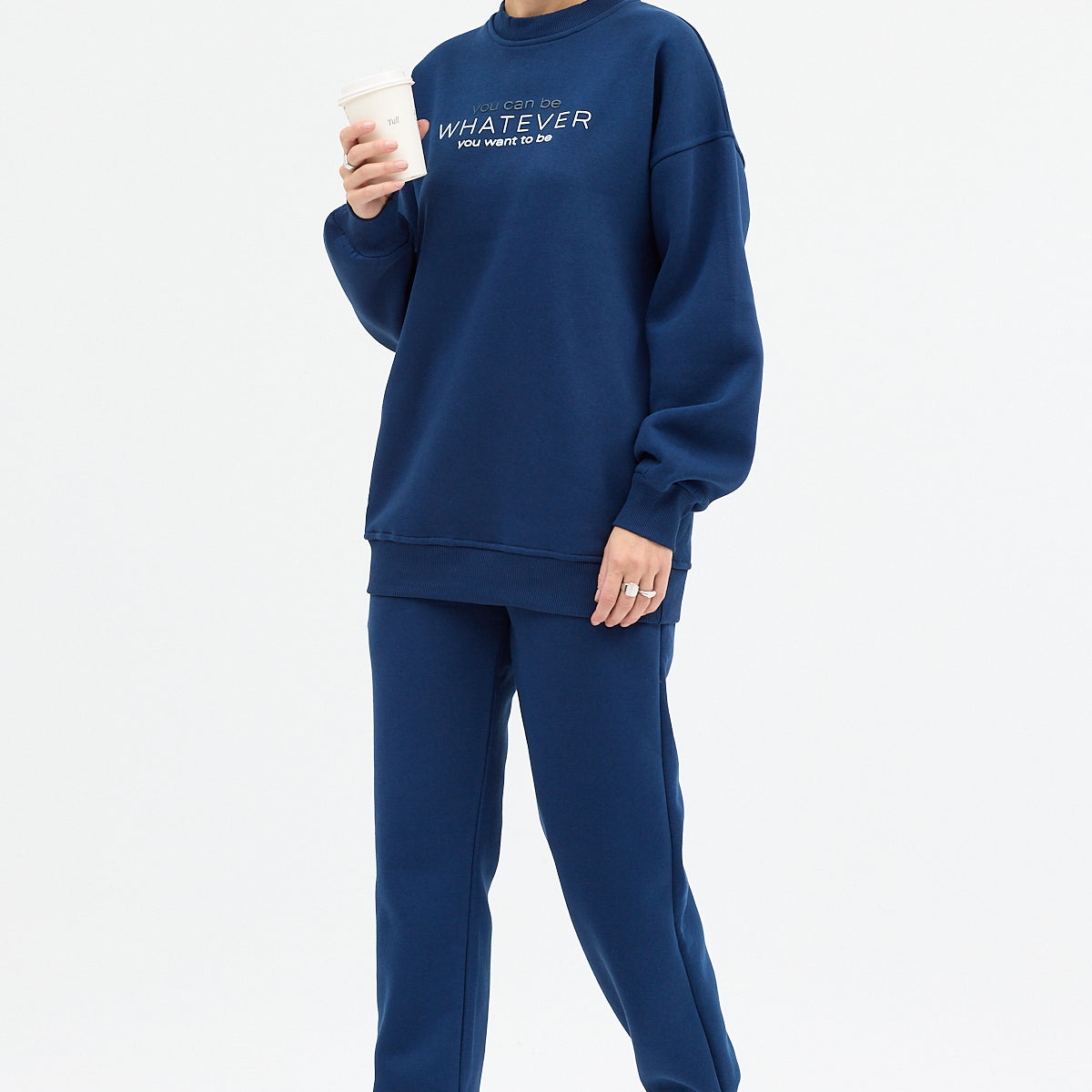 Kadın Whatever Baskılı Bisiklet Yaka Paçası Lastikli Oversize Eşofman Takımı