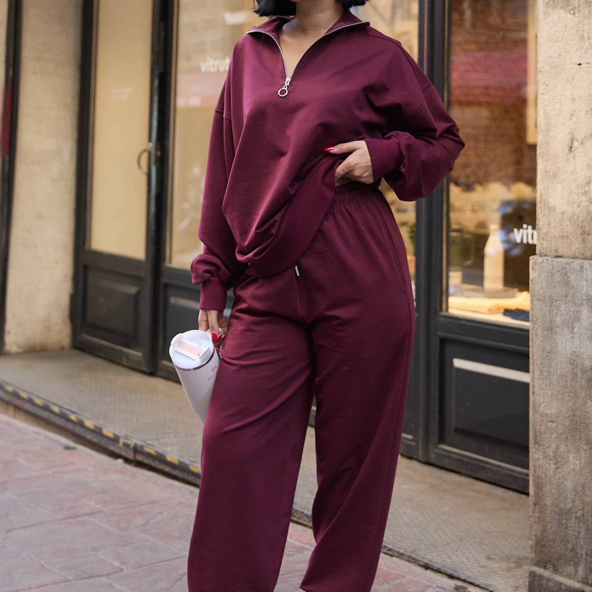 Kadın Yarım Fermuarlı Sweatshırt Ve Paçası Lastikli Eşofman Takımı