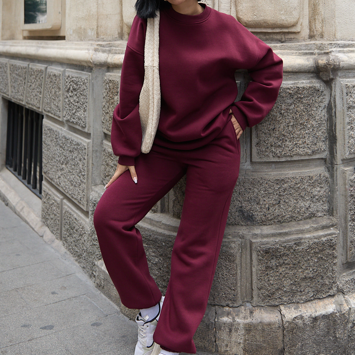 Regular Fit Normal Kalıp Basic Düz İçi Kalın Polarlı Bordo Eşofman Takımı